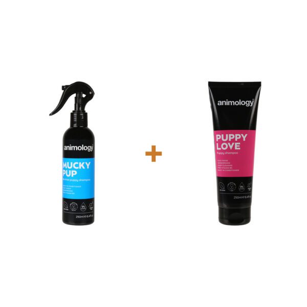 Lot : Shampoing spray sans rinçage Animology Mucky Pup pour chiot 250 ml + Shampoing Animology Puppy Love pour chiot 250 ml