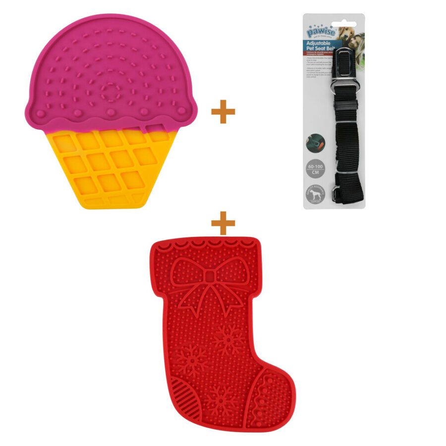 Lot : Tapis de léchage AFP Chill Out Ice Cream en forme de glace + Ceinture de sécurité pour chien Pawise + Tapis de léchage AFP Happy Holidays chaussette de Noël