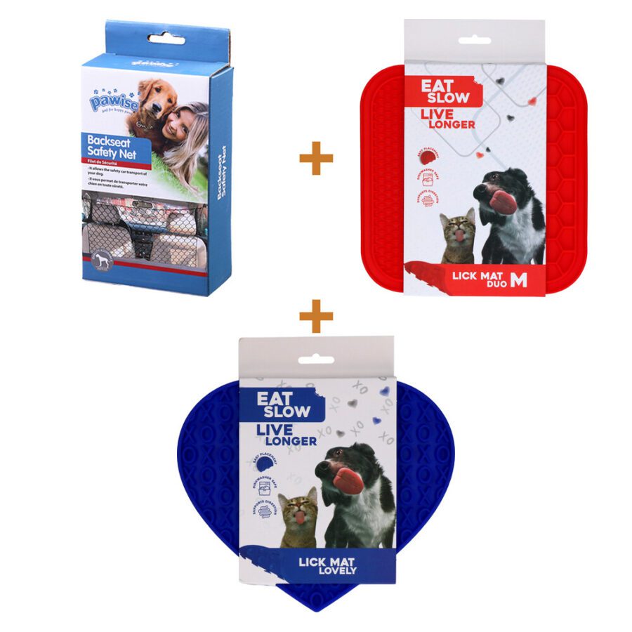 Lot : Filet de séparation pour banquette arrière Pawise + Tapis de léchage Eat Slow Live Longer Duo + Tapis de léchage Eat Slow Live Longer cœur
