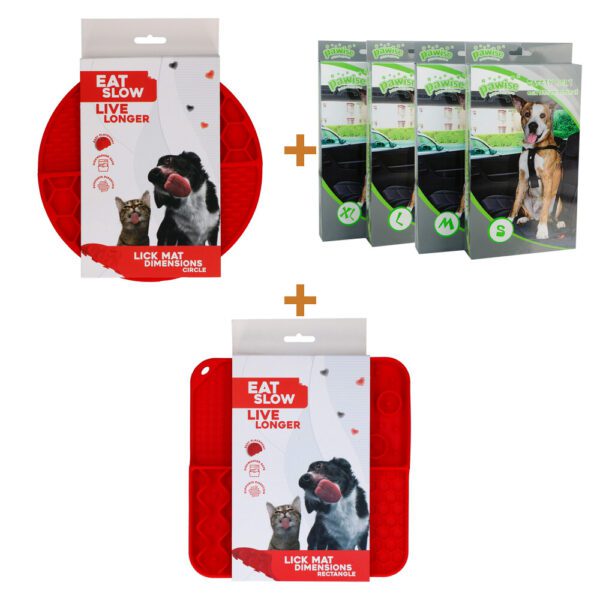 Lot : Tapis de léchage Eat Slow Live Longer rond + Harnais ceinture de sécurité pour chien Pawise + Tapis de léchage Eat Slow Live Longer carré