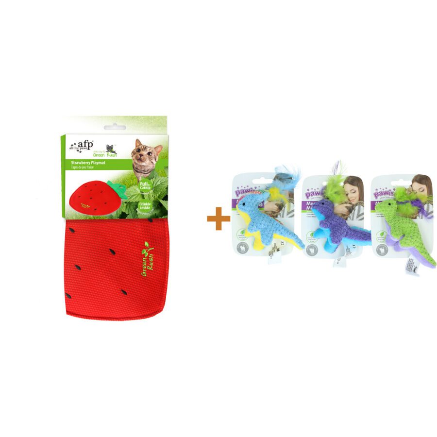 Lot : Tapis de jeu AFP Green Rush fraise ou ananas pour chat + Peluche à l'herbe à chat Pawise Meow Meow Life