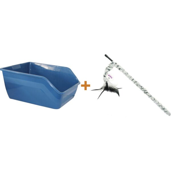 Lot : Bac à litière à bords hauts Pawise pour chat + Canne à jouet en peluche Pawise avec plumes pour chat