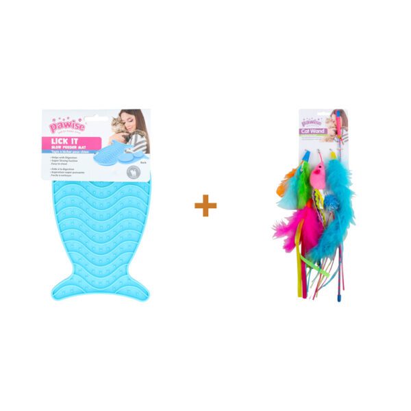 Lot : Tapis de léchage Pawise Lick It en forme de poisson pour chat + Lot de cannes à jouet Pawise pour chat