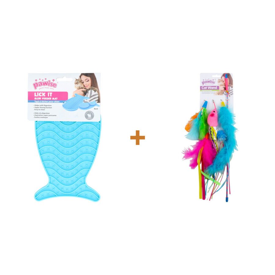 Lot : Tapis de léchage Pawise Lick It en forme de poisson pour chat + Lot de cannes à jouet Pawise pour chat