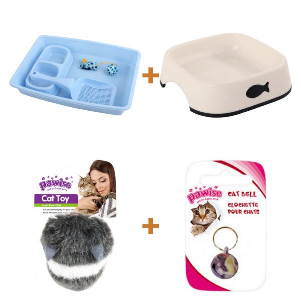 Lot : Kit de démarrage Pawise pour chaton + Gamelle Minus One pour chat 250 ml + Souris vibrante en peluche Pawise Vibrating Mouse + Grelot pour chat Pawise
