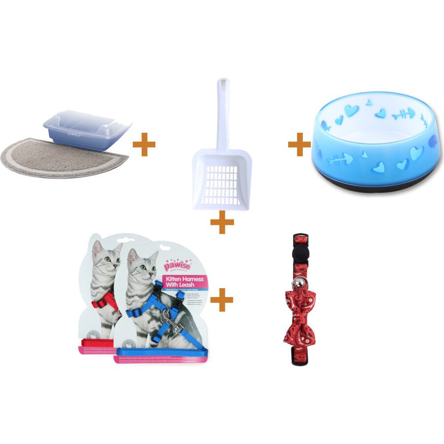Lot : Tapis de litière Pawise 60 x 36 cm + Pelle à litière carrée Pawise pour chat + Gamelle pour chat AFP Modern Cat Cat Love Bowl + Harnais avec laisse pour chaton Pawise + Collier pou