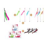 Lot : Canne à pêche à plumes pailletées Pawise pour chat + Canne à jouer Pawise Cat Teaser Caterpillar pour chat + Canne à jouet Pawise serpent pour chat + Souris autopropulsée en polair