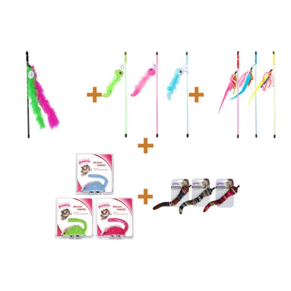 Lot : Canne à pêche à plumes pailletées Pawise pour chat + Canne à jouer Pawise Cat Teaser Caterpillar pour chat + Canne à jouet Pawise serpent pour chat + Souris autopropulsée en polair