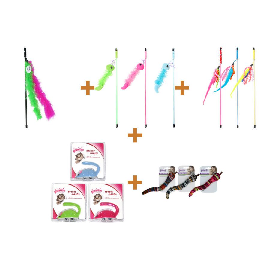 Lot : Canne à pêche à plumes pailletées Pawise pour chat + Canne à jouer Pawise Cat Teaser Caterpillar pour chat + Canne à jouet Pawise serpent pour chat + Souris autopropulsée en polair
