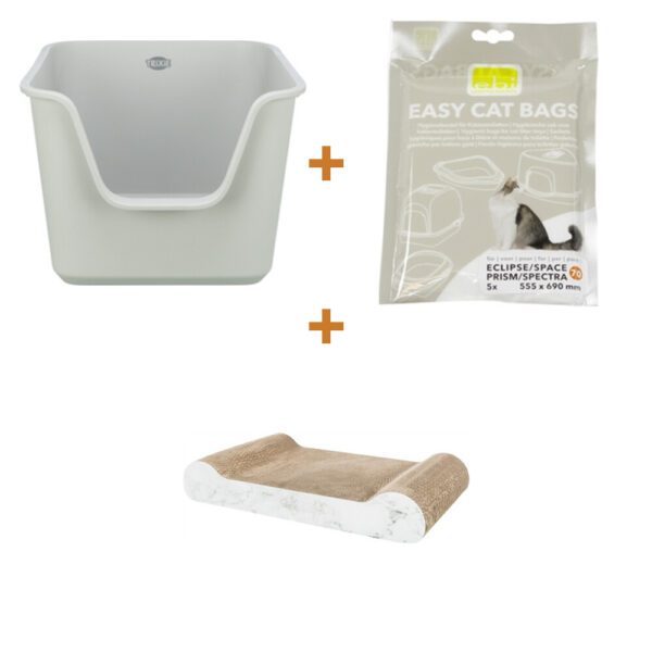Lot : Bac à litière Trixie Pavo à bord haut 44 x 55 x 32 cm + Sacs de litière Ebi Easy-Cat Jumbo en U (5 pièces) + Planche à griffer en carton XXL Trixie 64 x 37 x 11 cm