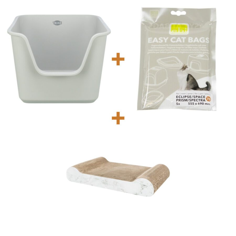 Lot : Bac à litière Trixie Pavo à bord haut 44 x 55 x 32 cm + Sacs de litière Ebi Easy-Cat Jumbo en U (5 pièces) + Planche à griffer en carton XXL Trixie 64 x 37 x 11 cm