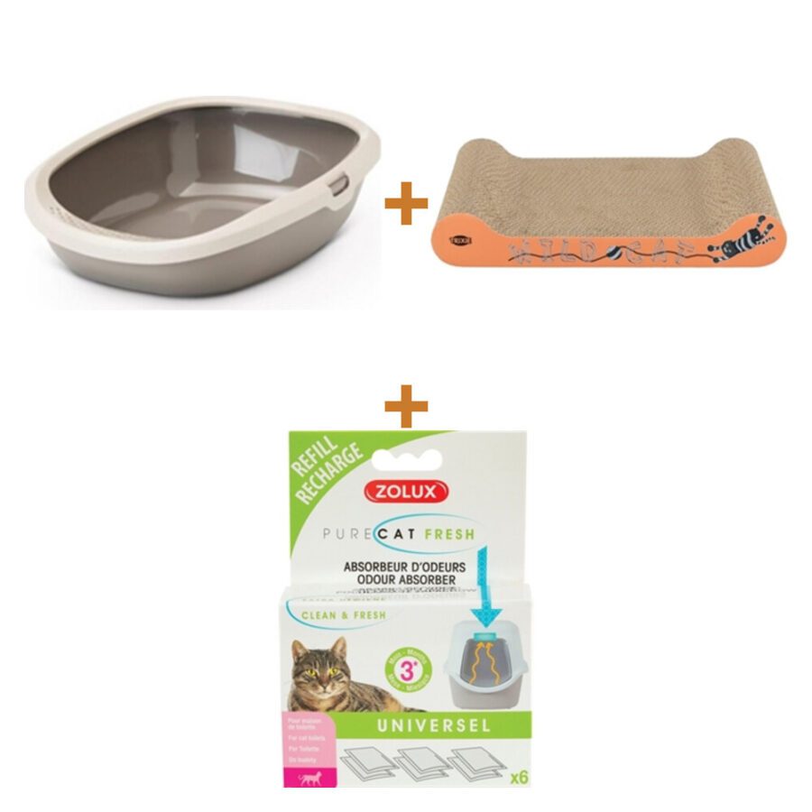 Lot : Bac à litière ouvert Savic Happy Planet Gizmo 44 cm + Griffoir carton Trixie avec herbe à chat 41 x 24 x 7 cm + Filtres universels Zolux Clean & Fresh (6 pièces)