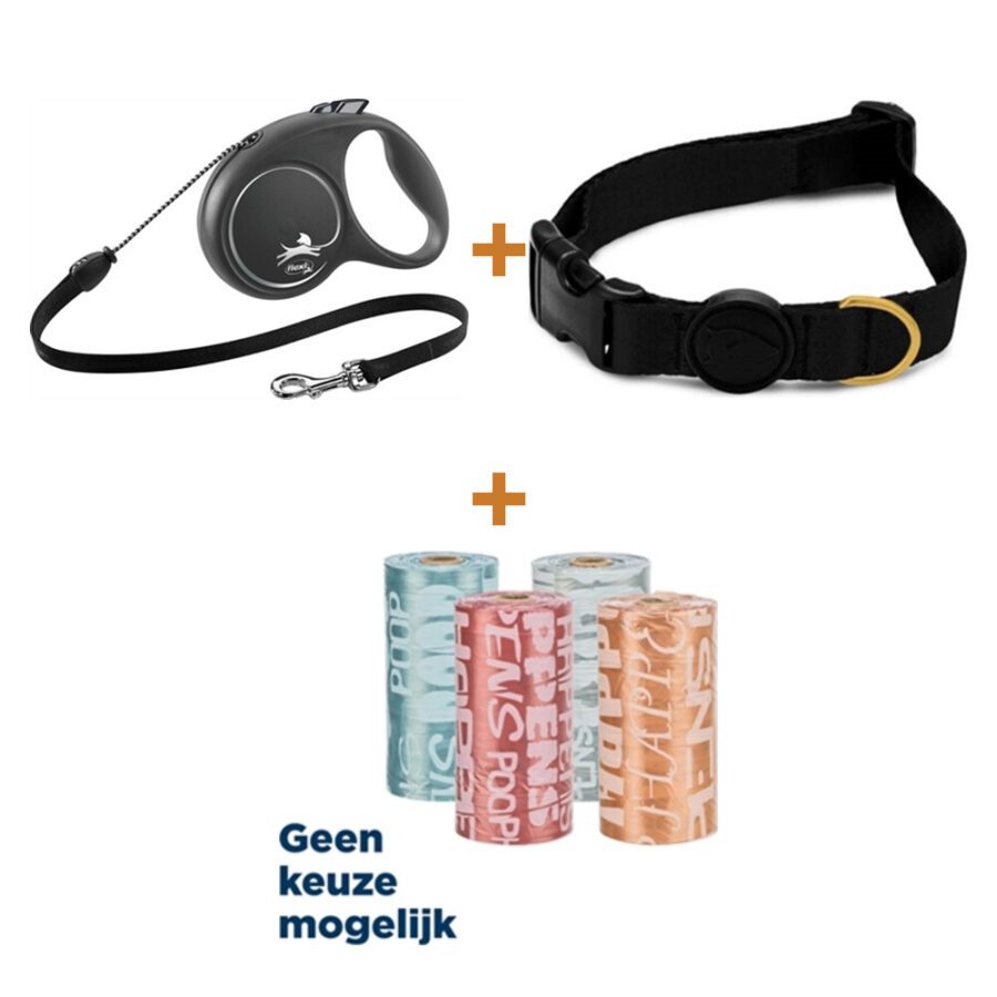 Lot : Laisse à enrouleur Flexi Black Design Cord M 5 m + Collier Morso Gold Caviar 30-42 cm + Sacs Trixie medium assortis 8 x 20