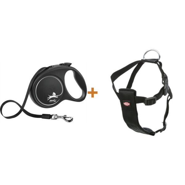 Lot : Harnais Trixie avec ceinture de voiture 70-90 cm + Laisse à enrouleur Flexi Black Design Tape M 5 m