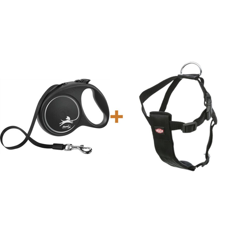 Lot : Harnais Trixie avec ceinture de voiture 70-90 cm + Laisse à enrouleur Flexi Black Design Tape M 5 m