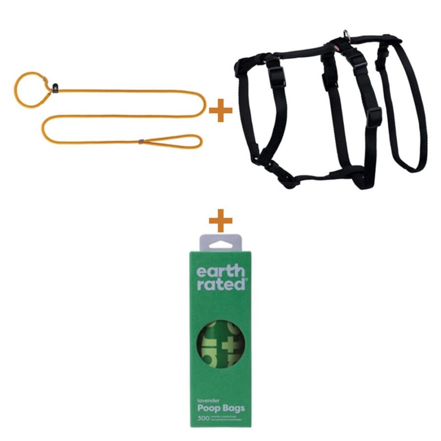 Lot : Harnais Trixie Stay noir M-L 50-75 cm + Laisse retriever Trixie Summit curry 180 cm + Sacs Earth Rated lavande 300 pièces
