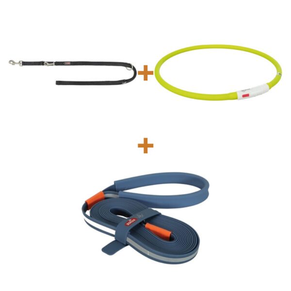 Lot : Collier lumineux Trixie USB Flash Light vert 70 cm + Laisse Trixie double couture noire 200 x 2 cm + Longe plate Zolux Bivouak bleue 5 m