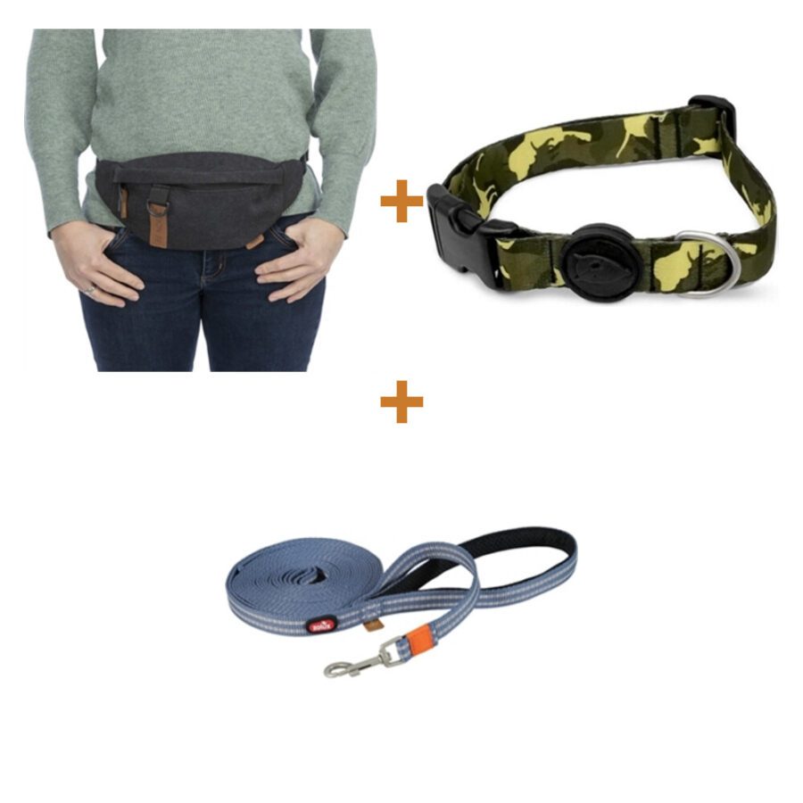 Lot : Sac de promenade Trixie Be Nordic noir + Collier Morso Full Metal Dog marron 30-42 cm + Longe plate Zolux Bivouak bleue 10 m