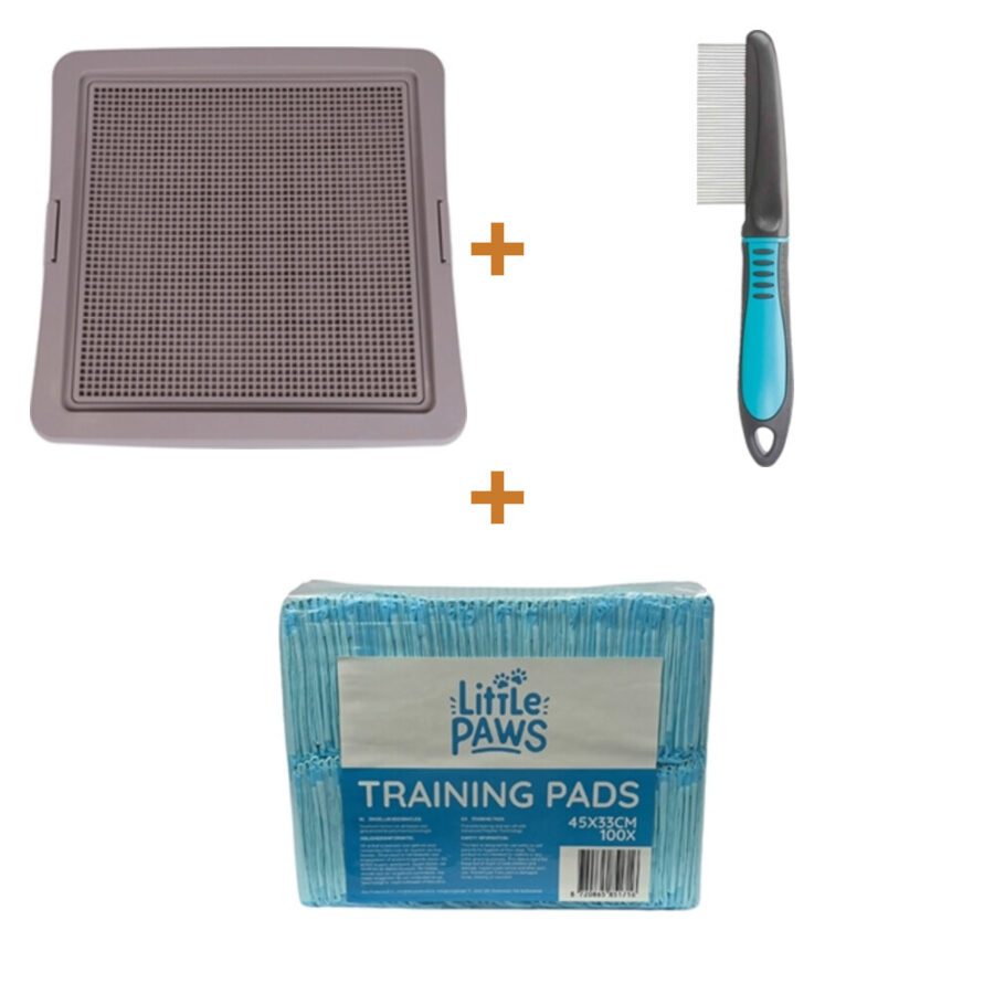 Lot : Support d’alèse Easypets 62 x 62 cm + Alèses Little Paws 33 x 45 cm (100 pièces) + Peigne à dents fines Trixie 22 cm