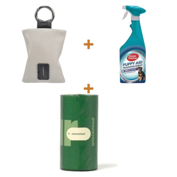 Lot : Porte-sacs Trixie Citystyle avec 20 sacs + Spray d’éducation pour chiot Simple Solution 470 ml + Sacs à crotte Earth Rated (21 rouleaux de 15)