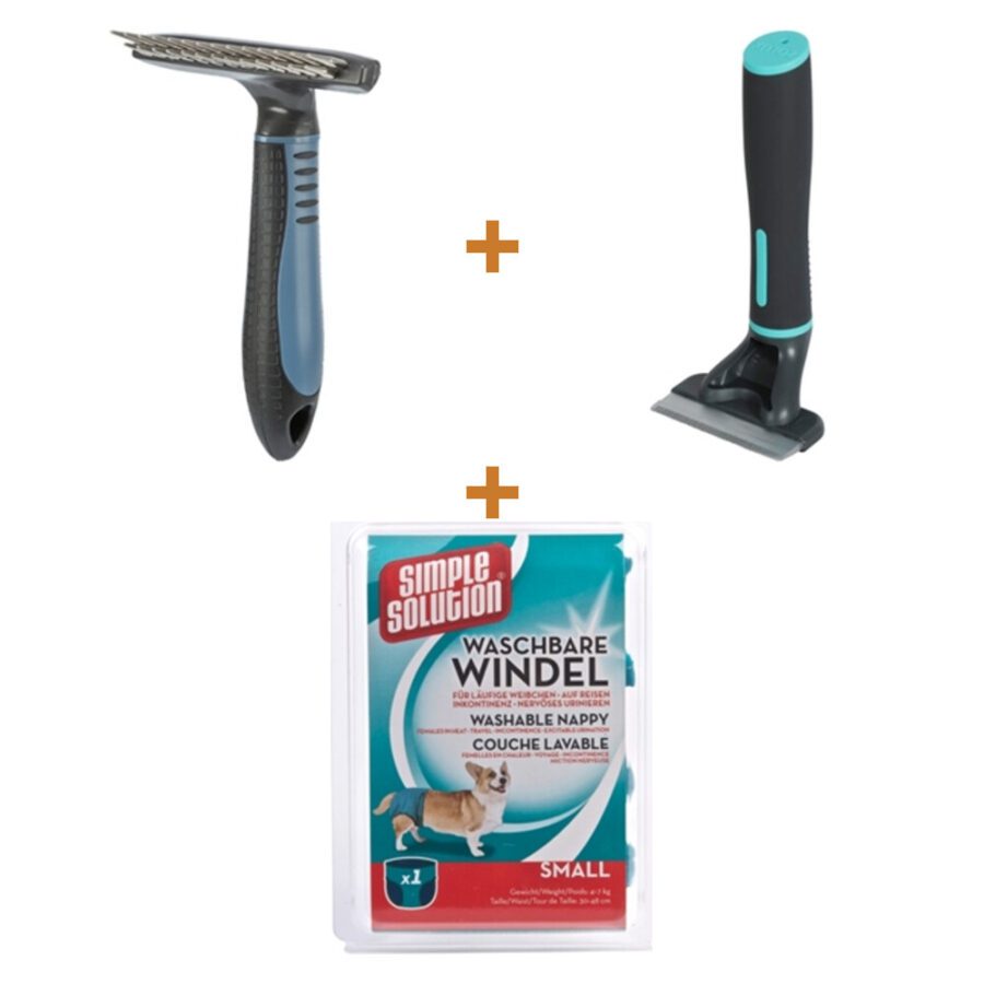 Lot : Peigne métallique Trixie à double rangée de dents 10 x 15 cm + Brosse carde Zolux Anah M 7 x 2,5 x 15 cm + Couche lavable Simple Solution taille S 30-48 cm