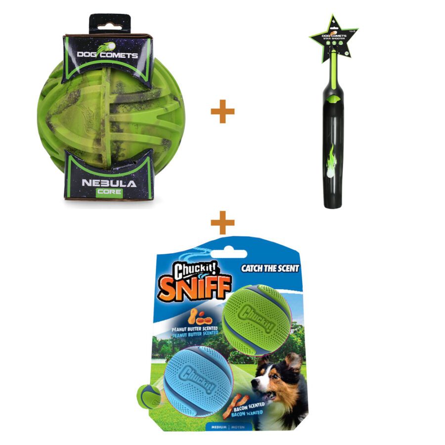 Lot : Balle Dog Comets Nebula Core + Lanceur de balle Dog Comets Star Launcher + Balles parfumées Chuckit! Sniff Fetch