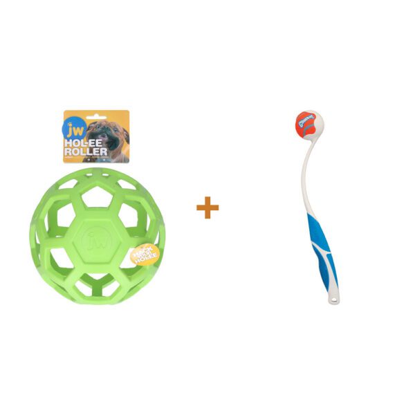 Lot : Balle Hol-ee Roller JW verte Jumbo + Lanceur de balle Chuckit! Pro Launcher