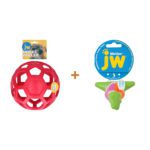 Lot : Balle Hol-ee Roller JW rouge Jumbo + Balle JW Mixups Arrow Ball