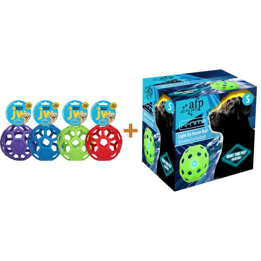 Lot : Balle Hol-ee Roller JW Jumbo 19 cm (couleur assortie) + Ballon de foot lumineux pour chien AFP K-Nite