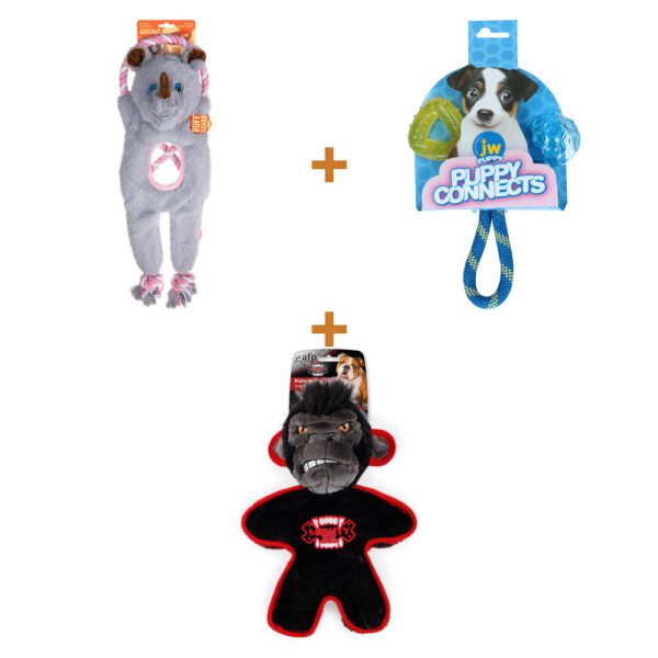 Lot : Jouet peluche et corde Growl Jungle Tugz + Jouet 3 en 1 pour chiot JW Puppy Connects + Peluche AFP My T-Rex Mighty