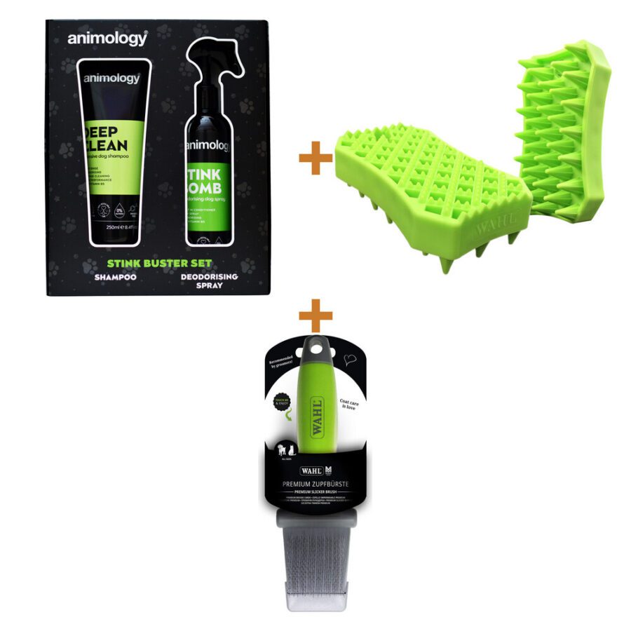 Lot : Coffret shampoing et spray déodorant Animology Stink Buster + Brosse en caoutchouc pour chien Wahl Rubber Brush + Brosse à chien 2 en 1 Wahl Premium Slicker