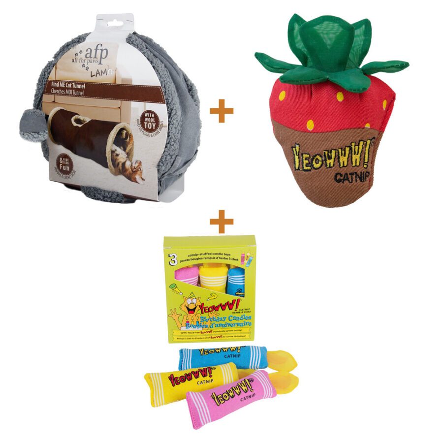 Lot : Tunnel de jeu en laine d'agneau pour chat AFP Find Me + Jouet à herbe à chat Yeowww! Strawberry + Jouets bougies d'anniversaire à herbe à chat Yeowww! (lot de 3)