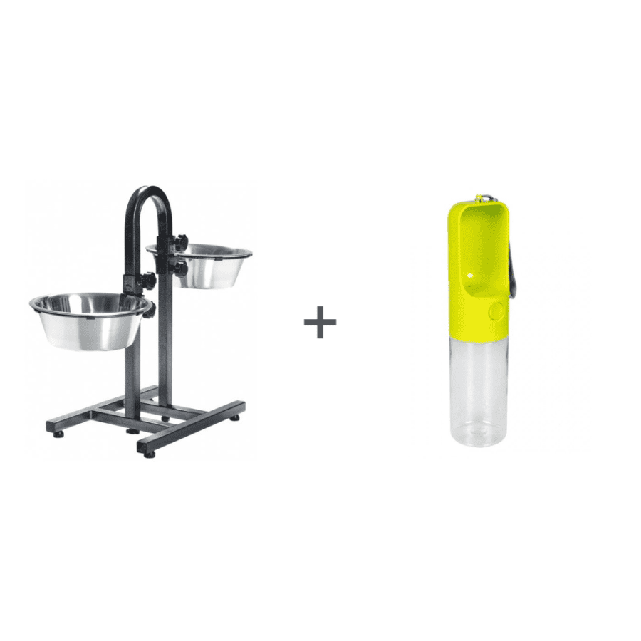 Support gamelle pour chien – 2 bols inox 3,8 L et gourde 450 ml
