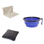 Lot d'accessoires pour chat – hamac crème, coussin carré, gamelle bleue
