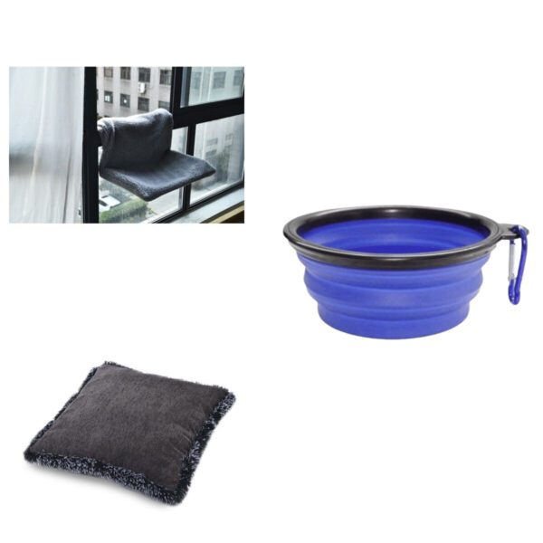 Lot d'accessoires pour chat – hamac gris, coussin carré, gamelle bleue
