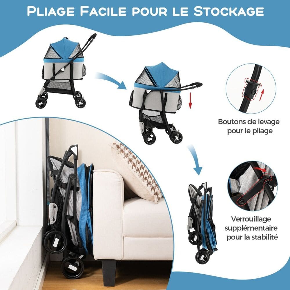 poussette bleu et gris pliage facile pour le stockage