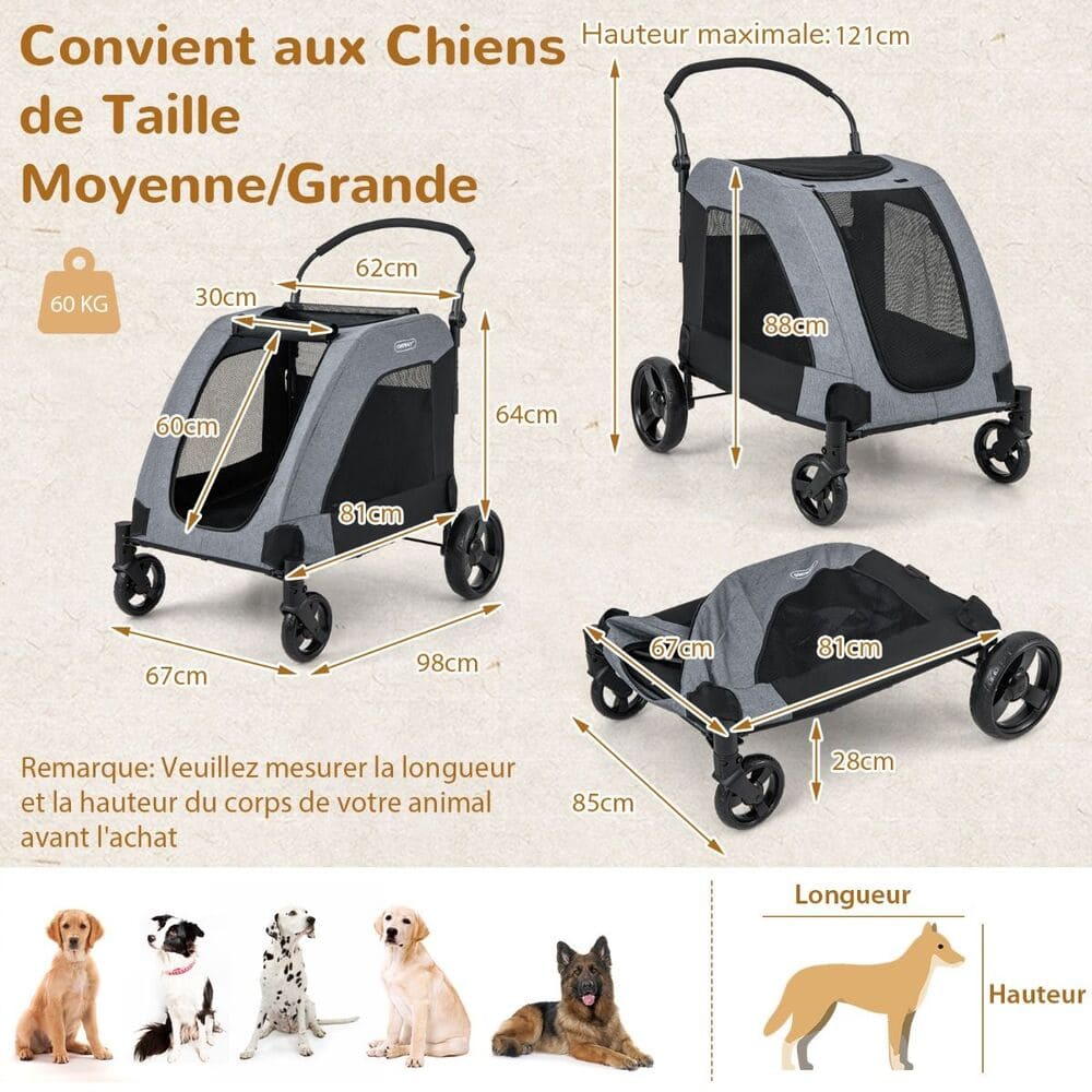 dimensions Poussette Gros Chien 60 kg taille moyenne et grande