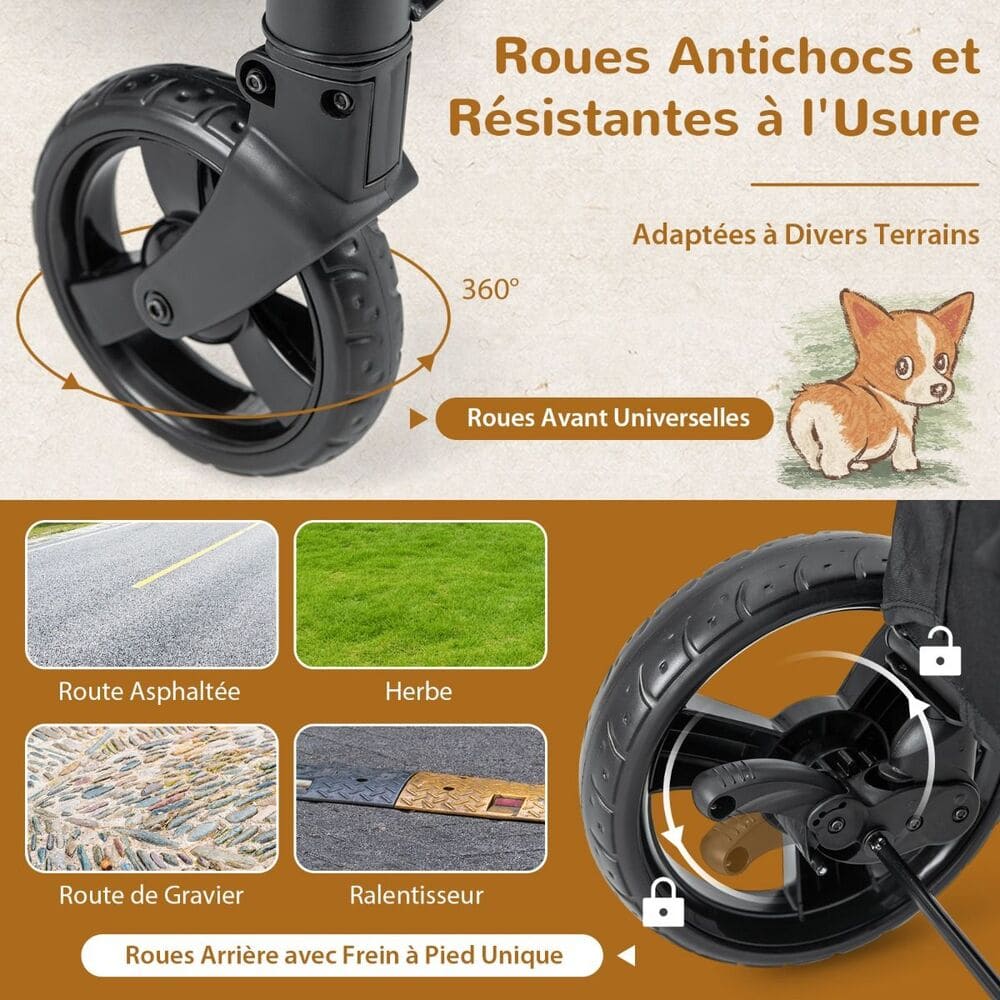 roues antichocs et resistantes a l usure pour cette poussette pour chien