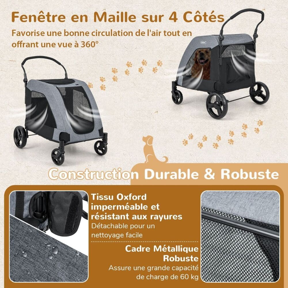 Poussette Gros Chien 60 kg avec fenetre en maille sur 4 cotes
