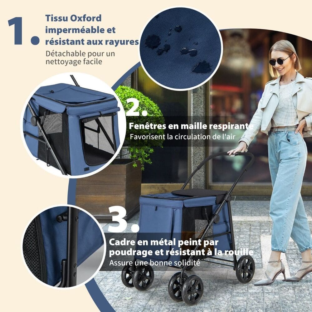 Poussette Pour Chien 20 kg tissu oxford impermeable et resistant aux rayures