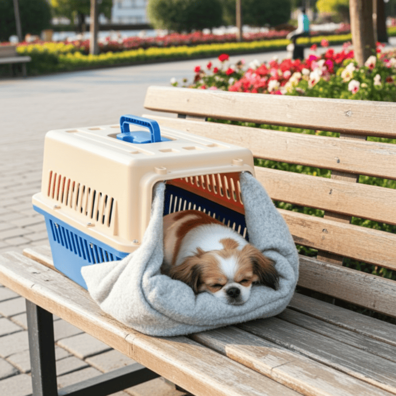 Cage de transport petit chien sur un banc public