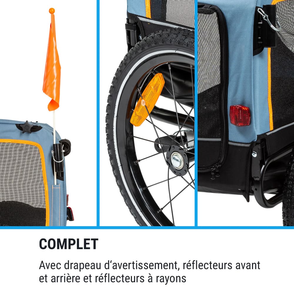 Remorque vélo pour chien 30 kg drapeau avertissement reflecteurs