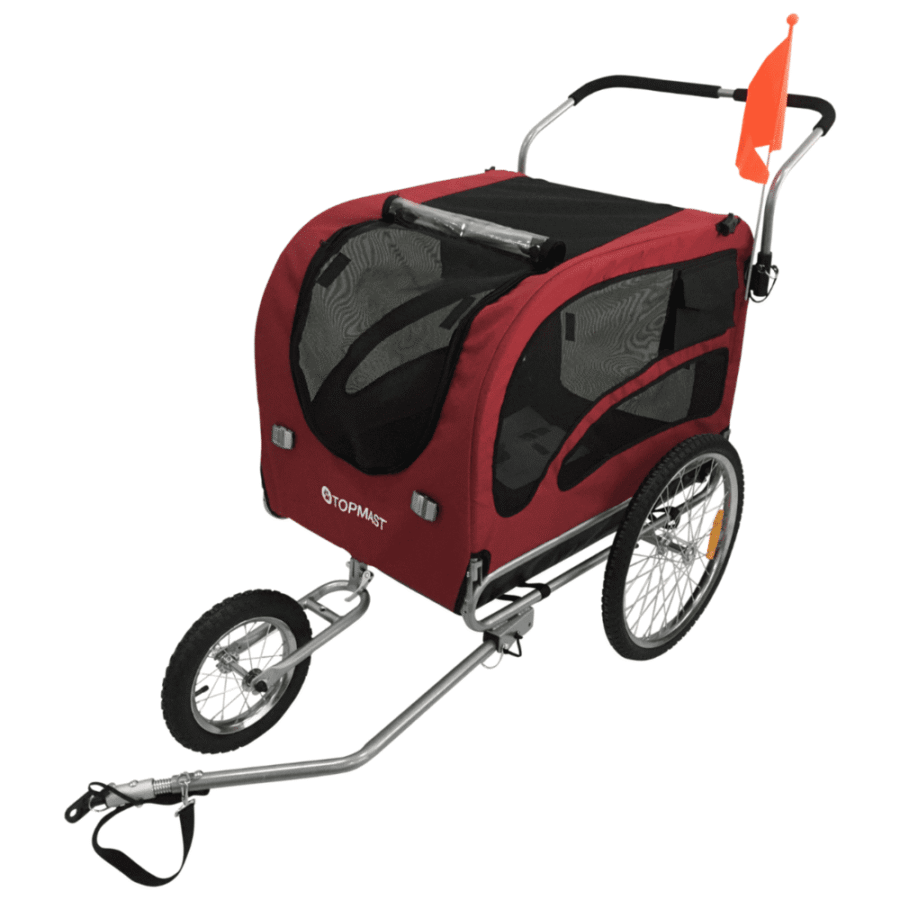 Remorque vélo pour chien XL attachée à un vélo lors d’une promenade en extérieur