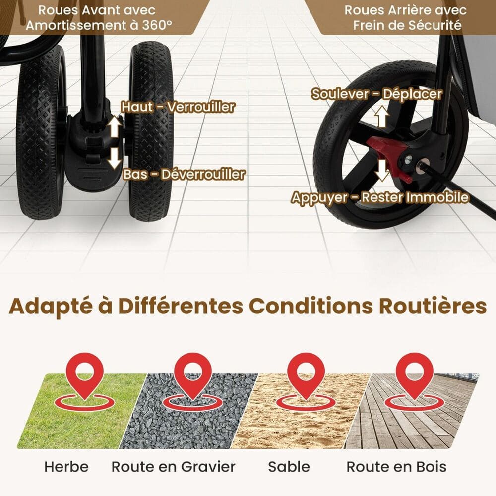 pousette chien et chat adapte a herbe route sable gravier