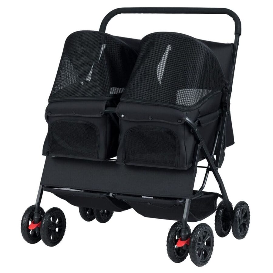 Poussette pour 2 chiens double siège noir pliable aluminium