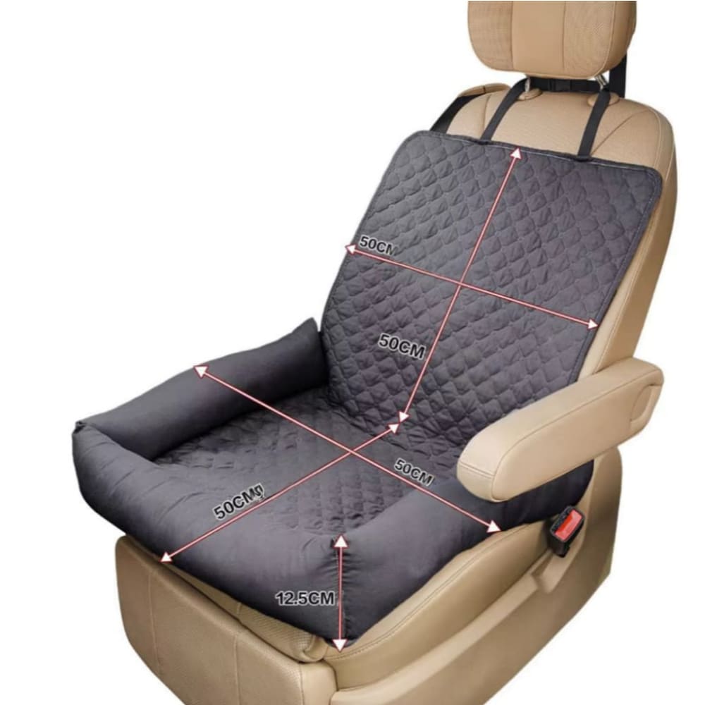 Housse de siège avant de voiture noire matelassée avec rebords, schéma de cotes en centimètres, fixée à l'appuie-tête