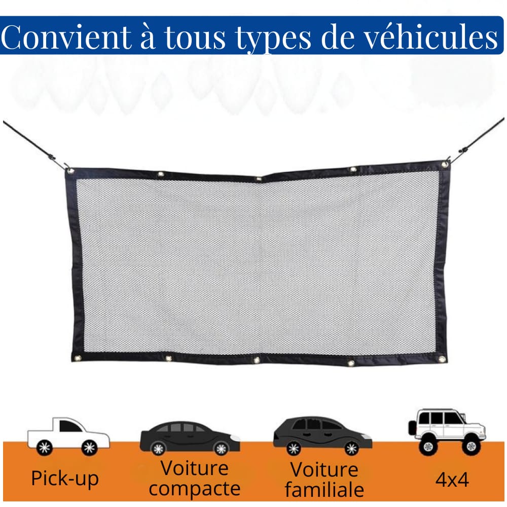 Filet de séparation noir et mailles blanches, avec pictogrammes pick-up, citadine, familiale et 4x4