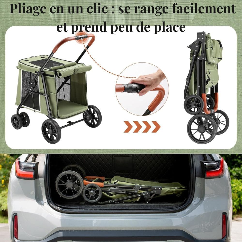 Poussette chien pliage express bouton poignée rangement coffre