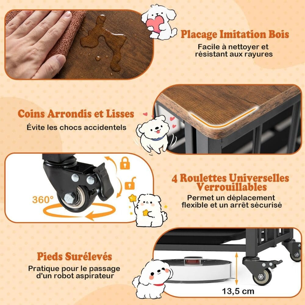 Cage chien bois ouverture rabat supérieur alimentation interaction