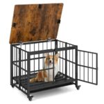Cage chien bois avec roulettes 80 cm meuble 2 en 1 table appoint